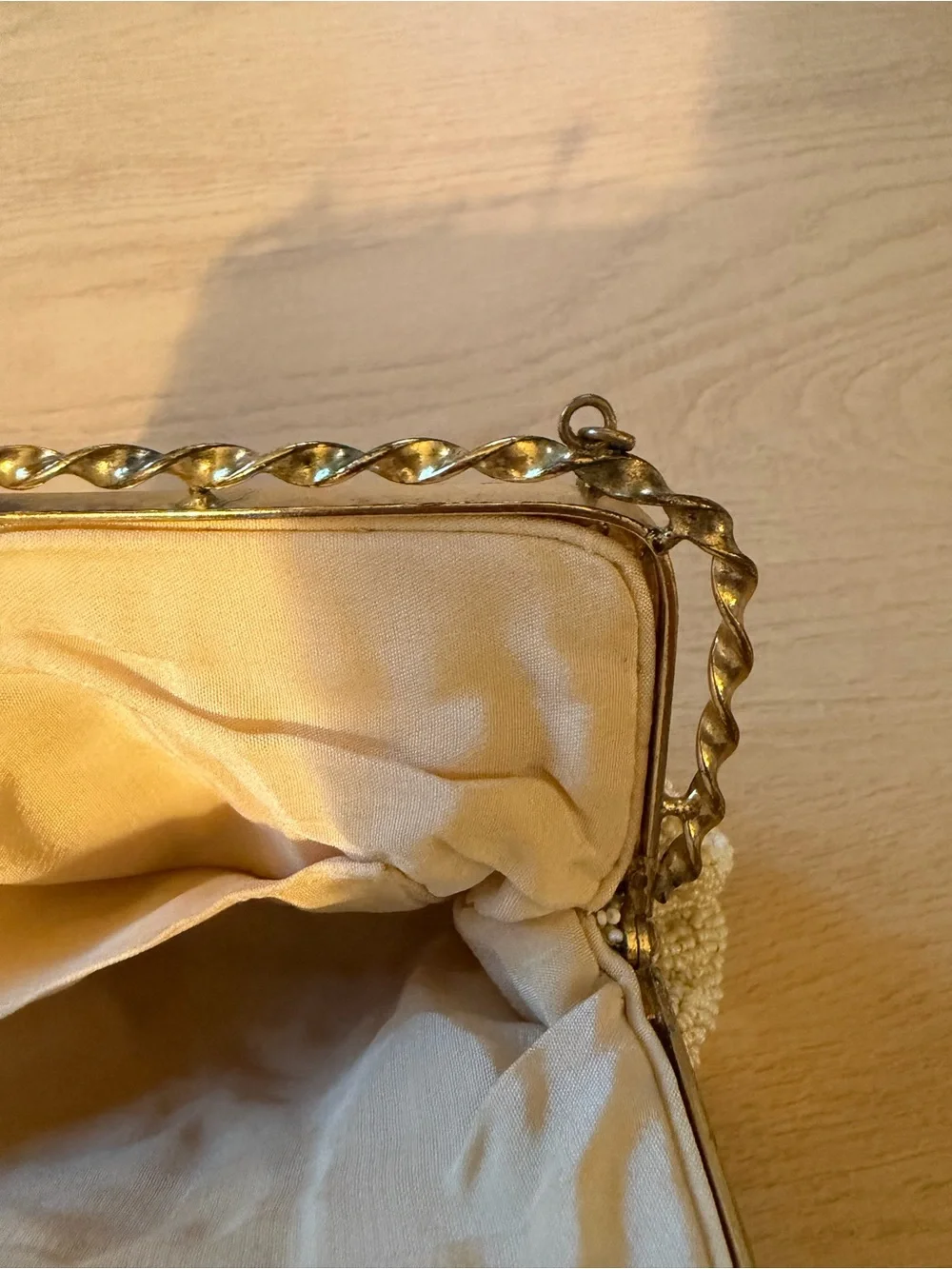 Vintage Longchamp Cream Beaded Floral Evening Clutch with Gold Chain